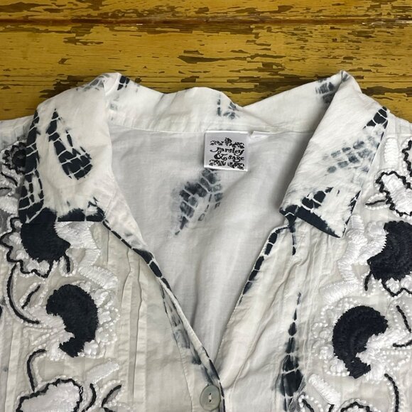 Parsley & Sage Tie Dye Floral Embroidered Mesh Pintuck Button Down Top Sz 1X - Picture 3 of 8
